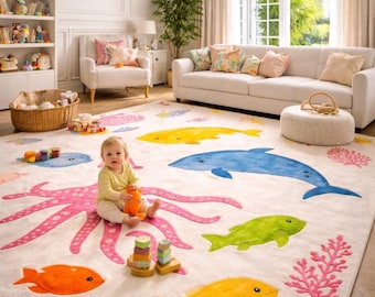 Hand Tufted Wool Sea Creature Rug: kids rug Colorful Under The Sea Nursery Decor rugs for living room, Bedroom, kids room area rug