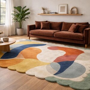 Scalloped Wool Rug, Mid Century Modern Abstract Carpet, Artisan Hand Tufted Area Rug