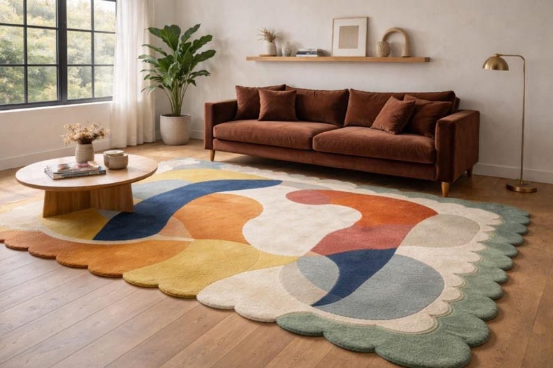 Scalloped Wool Rug, Mid Century Modern Abstract Carpet, Artisan Hand Tufted Area Rug