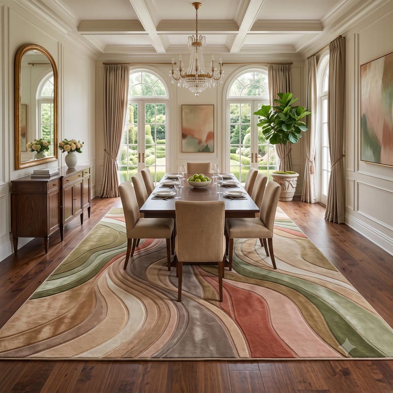 Modern Abstract Hand-Tufted Area Rug in Sage Green, Terracotta & Beige – High-Low Texture Soft Carpet for Living Room