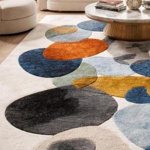 Mid century rug style, Modern Abstract Organic Carpet Beige, Blue, Mustard Orange Contemporary Rugs for living room, Bedroom 9x12 rugs