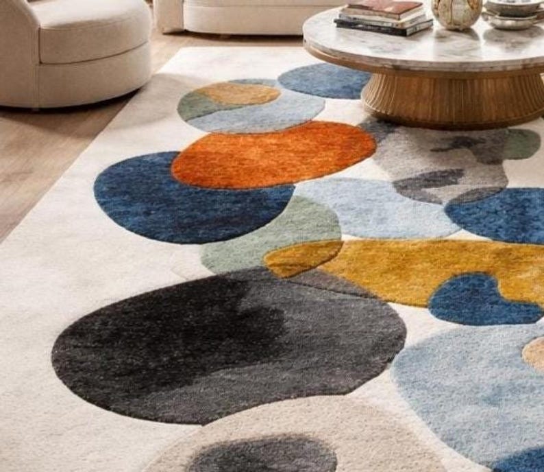 Mid century rug style, Modern Abstract Organic Carpet Beige, Blue, Mustard Orange Contemporary Rugs for living room, Bedroom 9x12 rugs