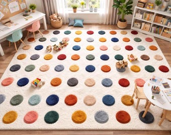 Handgetuft kinderpolkadottapijt, zacht kinderkamertapijt, kleurrijk stiptapijt voor babykamer, modern vloerkleed kinderkamer