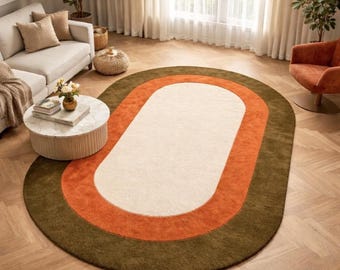 Mid Century Modern Retro Oval Teppich, 70er Jahre ästhetischer Teppich für Wohnzimmer, 200x300 Handgefertigter Wollteppich, Orangefarbener & Olivgrüner Teppich
