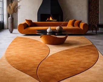 Modern abstract rug in carved wool, earth tone large area rug for living room