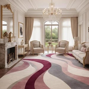 Modern Abstract Rug: Hand Tufted Wool, Large Contemporary Grey and Blush Pink Designer Rug
