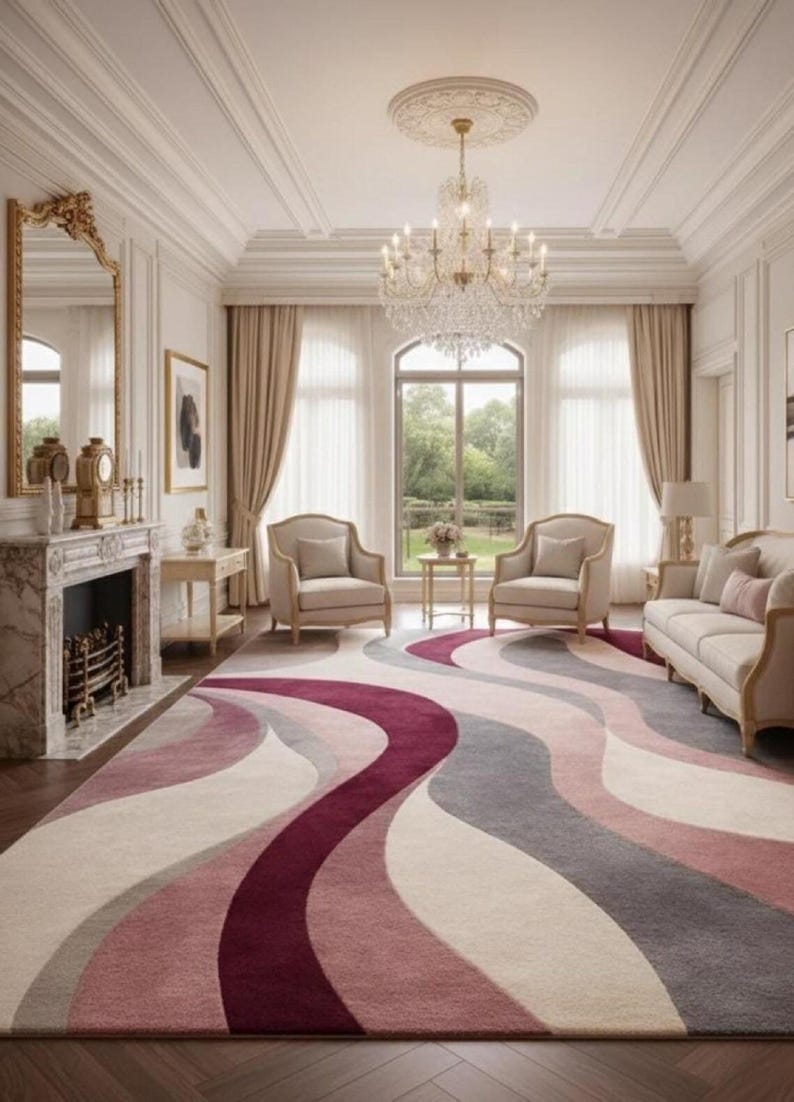 Modern Abstract Rug: Hand Tufted Wool, Large Contemporary Grey and Blush Pink Designer Rug