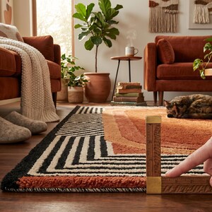 Mid Century Rug, Modern Burnt Orange Art Deco Area Rug, Geometric Terracotta Carpet for Living Room, Retro 70s Style Large Home Decor Rug
