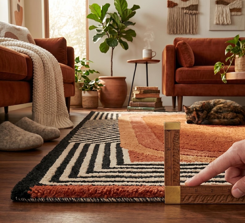 Mid Century Rug, Modern Burnt Orange Art Deco Area Rug, Geometric Terracotta Carpet for Living Room, Retro 70s Style Large Home Decor Rug