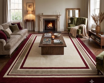 Modern Red and Beige Bordered Area Rug – Minimalist Living Room Carpet for Cozy Home Decor