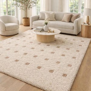 Hand Tufted Wool Rug - Cream & Beige Polka Dot Grid Rug - Large Area Rug for Living Room, Bedroom -Sage Thick Pile Boho Rug, 8x10 Area rug