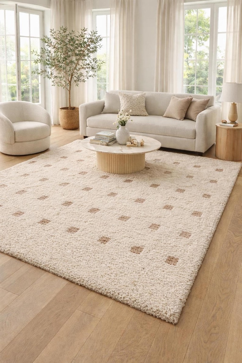 Hand Tufted Wool Rug - Cream & Beige Polka Dot Grid Rug - Large Area Rug for Living Room, Bedroom -Sage Thick Pile Boho Rug, 8x10 Area rug
