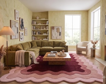 Burgundy Scalloped Hand-Tufted Wool Area Rug: Pink Wavy 1970s Mid-Century Modern 8x10 Rug, Luxury Statement Rug, Bedroom Living Room Carpet
