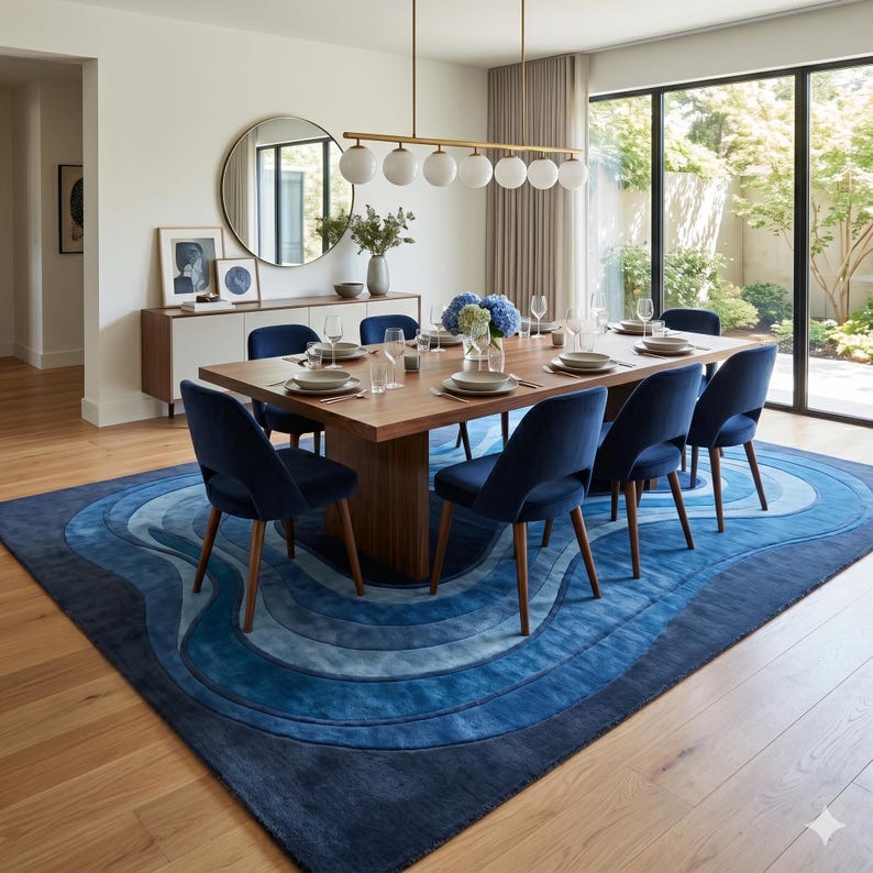 Hand Tufted Rug Blue Wavy 3D Textured Wool Rug - Abstract Ripple Area Rug Blue Gradient Hand Carpet for Living Room - Luxury Aesthetic Rug