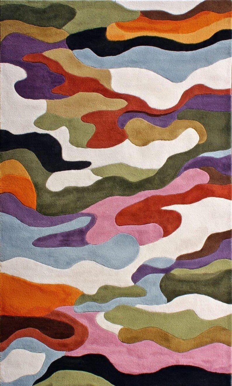 Modern Abstract Wavy Rug, Hand Tufted Wool Area Rug, Colorful ...