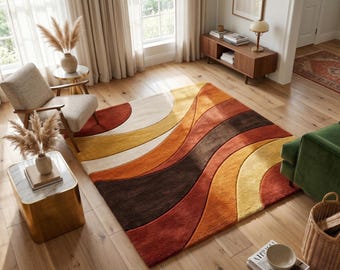 70s Retro Wavy Wool Rug, Hand Tufted Terracotta Mustard Area Carpet