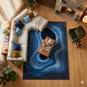 Hand Tufted Rug Blue Wavy 3D Textured Wool Rug - Abstract Ripple Area Rug Blue Gradient Hand Carpet for Living Room - Luxury Aesthetic Rug