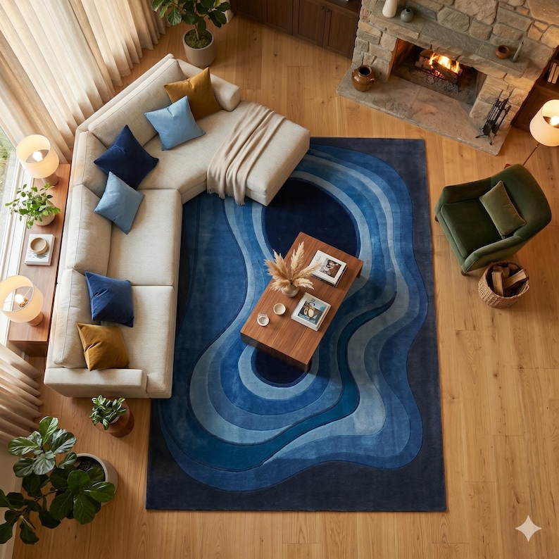 Hand Tufted Rug Blue Wavy 3D Textured Wool Rug - Abstract Ripple Area Rug Blue Gradient Hand Carpet for Living Room - Luxury Aesthetic Rug