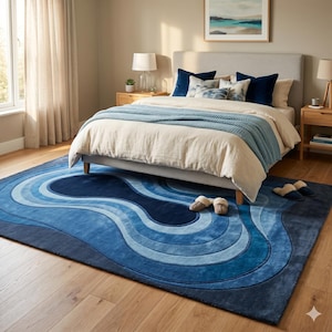 Hand Tufted Rug Blue Wavy 3D Textured Wool Rug - Abstract Ripple Area Rug Blue Gradient Hand Carpet for Living Room - Luxury Aesthetic Rug