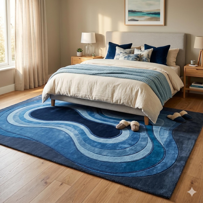 Hand Tufted Rug Blue Wavy 3D Textured Wool Rug - Abstract Ripple Area Rug Blue Gradient Hand Carpet for Living Room - Luxury Aesthetic Rug
