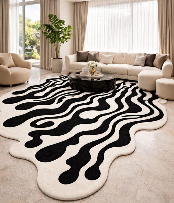 Hand Tufted Wool Rug, Irregular shaped rug, Modern Abstract Wavy Rug Contemporary Statement Rug for Living Room & Bedroom 5x8 6x9 8x10 9x12