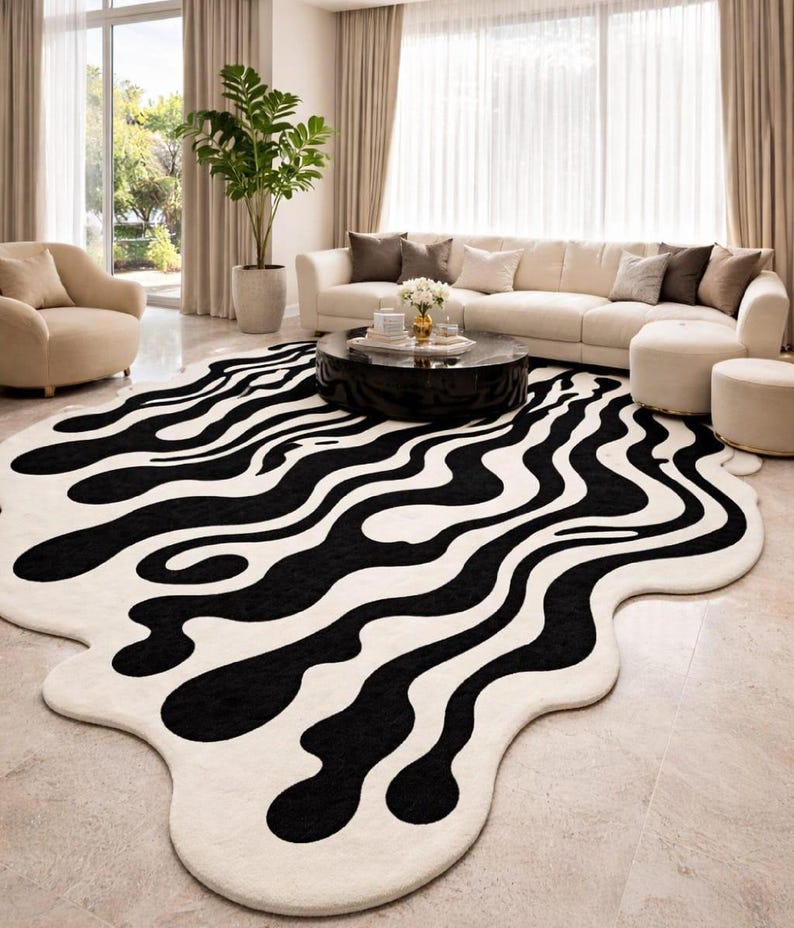 Hand Tufted Wool Rug, Irregular shaped rug, Modern Abstract Wavy Rug Contemporary Statement Rug for Living Room & Bedroom 5x8 6x9 8x10 9x12