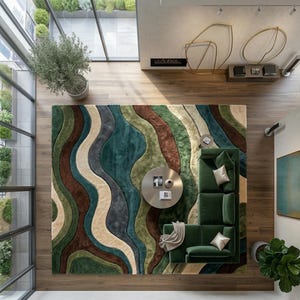 Large Area Rug — Retro Boho Shag Tufted Rug, Mid-Century Modern Living Room Carpet, Green, Brown & Cream Abstract Accent