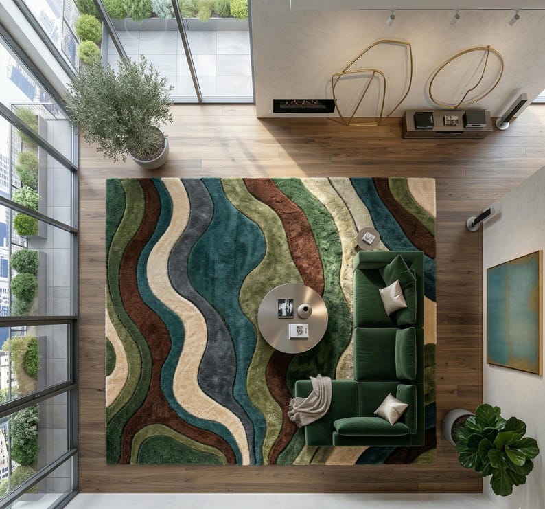 Large Area Rug — Retro Boho Shag Tufted Rug, Mid-Century Modern Living Room Carpet, Green, Brown & Cream Abstract Accent