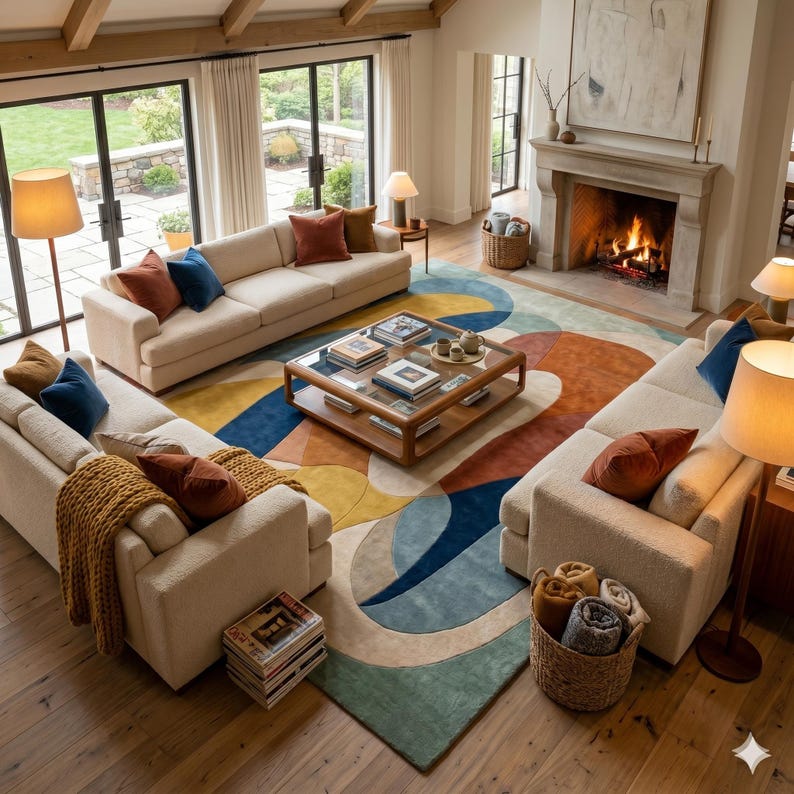 Modern abstract hand tufted wool area rug for living room decor