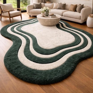 Alfombra tejida a mano, alfombra de lana, alfombra irregular, alfombra blanca y verde botella, alfombras abstractas, diseño retro ondulado, tamaño personalizado 8x11