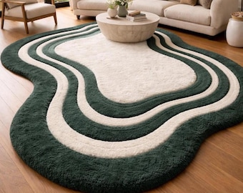 Hand Tufted Rug Wool Rug Irregular Carpet white and bottle green Abstract rugs Wavy Retro Design Custom Size 8x11