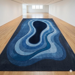 Hand Tufted Rug Blue Wavy 3D Textured Wool Rug - Abstract Ripple Area Rug Blue Gradient Hand Carpet for Living Room - Luxury Aesthetic Rug