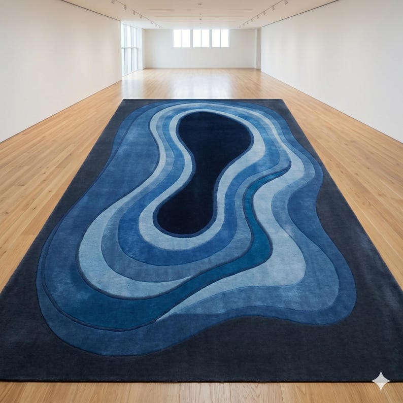 Hand Tufted Rug Blue Wavy 3D Textured Wool Rug - Abstract Ripple Area Rug Blue Gradient Hand Carpet for Living Room - Luxury Aesthetic Rug