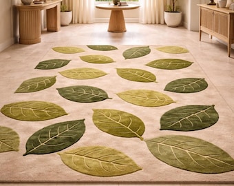 Hand-Tufted Rug, 3D leaf sage green luxury custom Wool carpet rug for living room, Bedroom, inspired home decor 6x9, 8x10, 9x12 custom area
