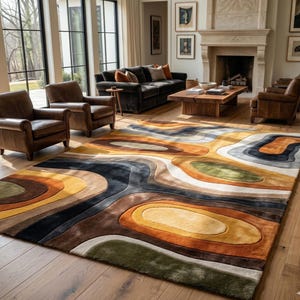 Handmade earth tone abstract wavy wool rug in a luxury living room