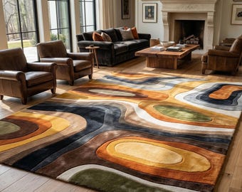 Ręcznie robiony abstrakcyjny falisty dywan – dywan w stylu mid-century modern z lat 70. w stylu retro – dywan Amoeba w odcieniach ziemi do salonu i sypialni, ręcznie tuftowany, 9x12 cali