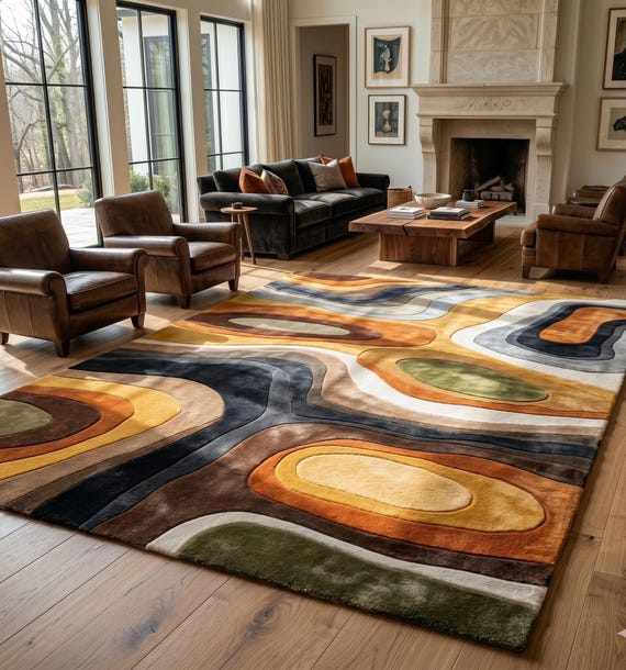 Handmade Abstract Wavy Rug - Mid Century Modern 70s Retro Area Rug - Earth Tone Amoeba Rug for Living Room, Bedroom Hand Tufted Carpet 9X12