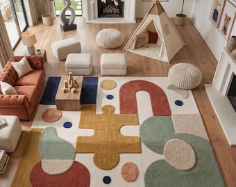 Mid Century Modern Shag Rug | 70s Retro Area Carpet | Mustard Ochre Green Geometric Abstract High Pile Rug | Vintage Style Living Room Decor