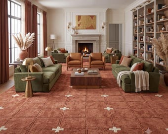 Terracotta Moroccan Rug | Deep Texture Grid Area Rug | Plush Boho Geometric Carpet | 9x12 Burnt Orange Artisanal Custom Rugs for Living Room