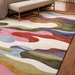 Modern Abstract Wavy Rug, Hand Tufted Wool Area Rug, Colorful ...