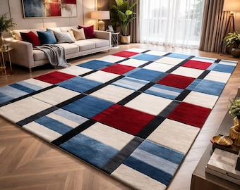 Hand-Tufted Modern Geometric Wool Area Rug - Blue Red White Checkered Plaid Carpet Soft Custom Rug for Living Room, Bedroom 5x8, 8x10, 9x12