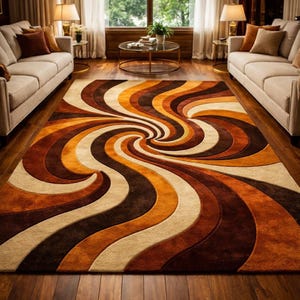 May include: A large, rectangular area rug with a swirling, retro design. The rug features a pattern of curved stripes in shades of brown, orange, and cream. The rug is placed on a hardwood floor in a living room setting.