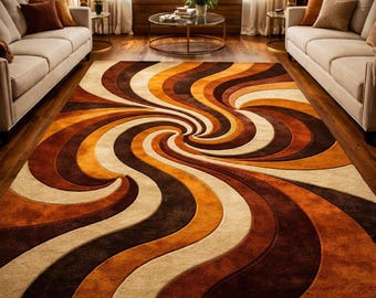 Hand Tufted Abstract Wool Rug, Mid Century Modern Retro Living Room Area Rug, Burnt Orange Brown Cream Sculpted Statement Carpet 9x12
