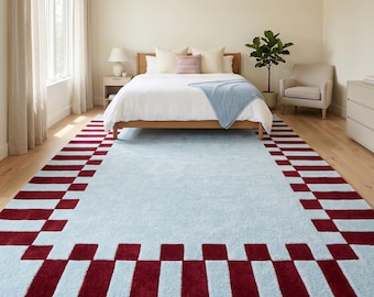 Hand Tufted Geometric Wool Rug | Sky Blue & Burgundy Red Checkerboard Striped Border Area Rug | Boho Modern Carpet for Living Room, Bedroom