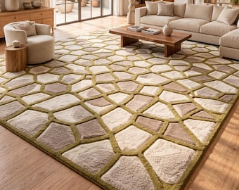Moss Green Rug Hand Tufted 3D Sculpted Area Carpet Modern Geometric Stone Pattern Large Living Room, Bedroom Floor home Decor 8x10 9x12