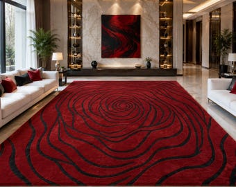 Hand-Tufted Wool Rug | 3D Carved Red Black Swirl Abstract Carpet