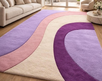 Hand-Tufted Wavy Rug, Pastel Purple Pink Mid Century Carpet, Plush Living Room Decor