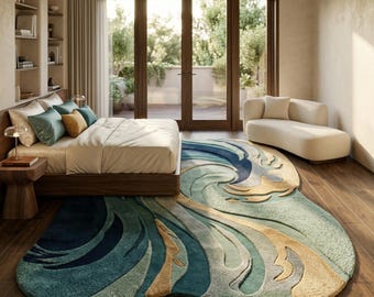 Alfombra tejida a mano con diseño de olas oceánicas, acento costero en verde azulado y azul marino, alfombras modernas de forma irregular para sala de estar o dormitorio, alfombra abstracta de lana hecha a mano.