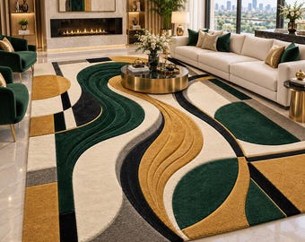 Emerald Green Abstract Rug, Hand Tufted Wool Rug, Modern Wavy Area Rug, Green Gold Black Carpet, Luxury Living Room Rug, Custom Size Rug