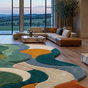 Colorful rug, Hand-Tufted Rug- Abstract Wavy Design in Forest Green, Teal, Terracotta, Luxurious Large Area Rug for Living Room & Bedroom